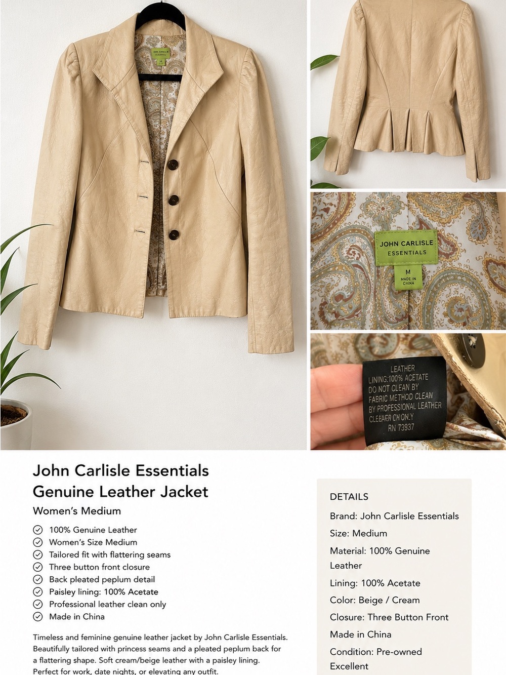 John Carlisle Essentials Women's Beige Genuine Leather Peplum Blazer M